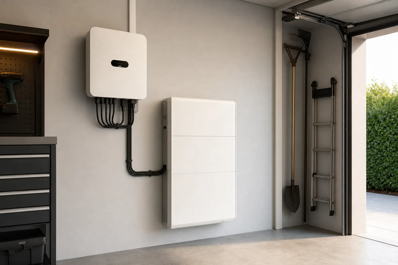 Onduleur solaire et batterie domestique installés dans un garage