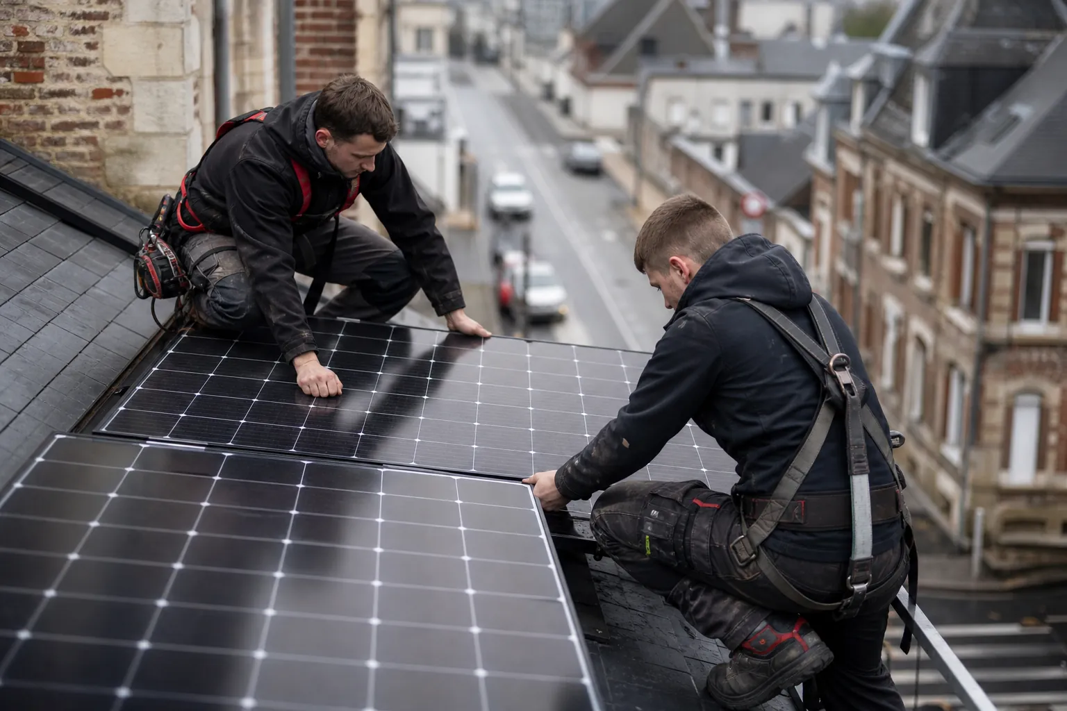 Installateurs RGE posant des panneaux solaires à Saint-Lô